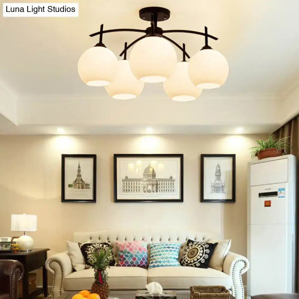 DecorBites™ minimalist black metal chandelier with five frosted opal glass globes for living room ceiling light