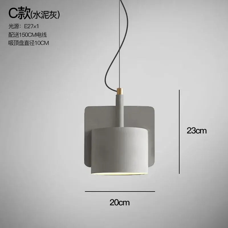 Minimalist pastel cement pendant lamp with gray cylindrical shade and square backplate by decorbites cement pendant