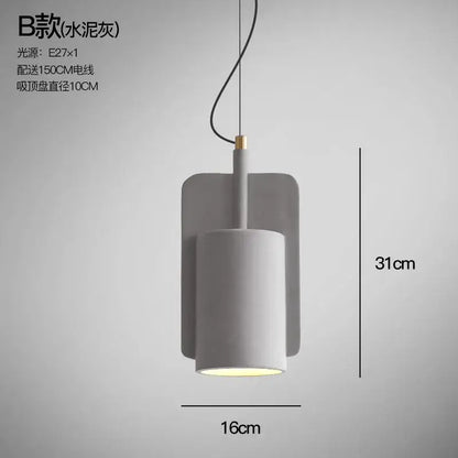 Minimalist pastel cement pendant lamp with a gray cylindrical shade and rectangular backplate by decorbites cement pendant
