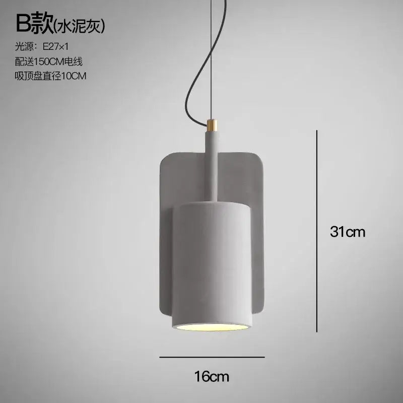 Minimalist pastel cement pendant lamp with a gray cylindrical shade and rectangular backplate by decorbites cement pendant
