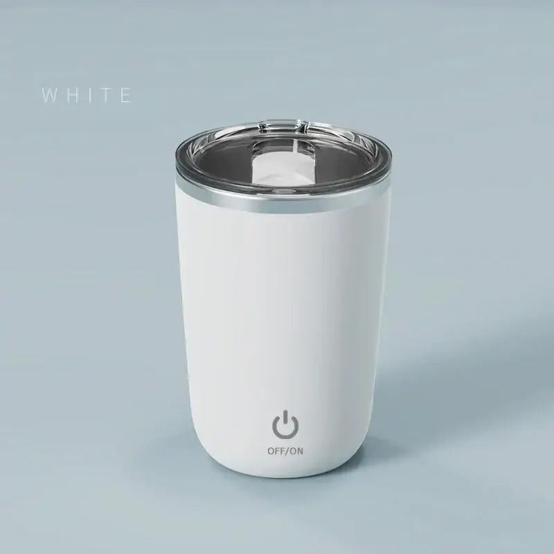 White insulated travel coffee cup with stainless steel lid and off on power button for electric magnetic stirring coffee