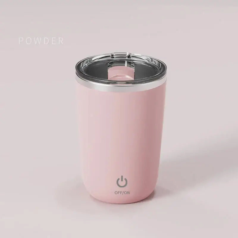 Pink powder-coated stainless steel electric magnetic stirring coffee cup with silver lid and power button