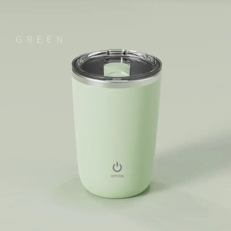 A sleek mint green insulated coffee cup with stainless steel lid and electric magnetic stirring power button