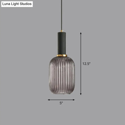 Minimalist Pendulum Light Fixture - Ribbed Glass, Bottle Shaped Design - 1-Light Dining Room Hanging Light