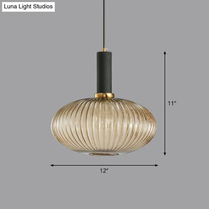 Minimalist Pendulum Light Fixture - Ribbed Glass, Bottle Shaped Design - 1-Light Dining Room Hanging Light