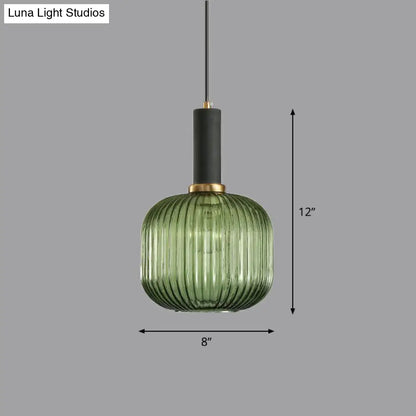 Minimalist Pendulum Light Fixture - Ribbed Glass, Bottle Shaped Design - 1-Light Dining Room Hanging Light