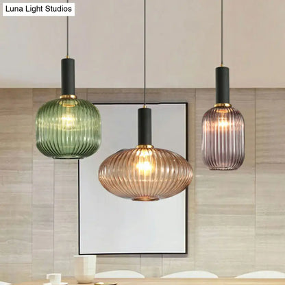 Minimalist Pendulum Light Fixture - Ribbed Glass, Bottle Shaped Design - 1-Light Dining Room Hanging Light