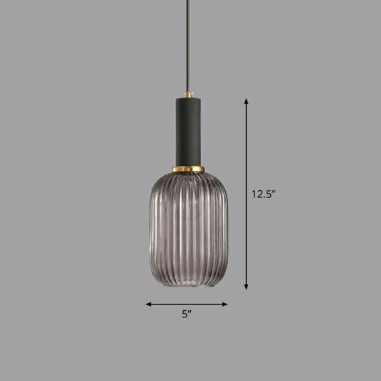 Minimalist Pendulum Light Fixture - Ribbed Glass, Bottle Shaped Design - 1-Light Dining Room Hanging Light