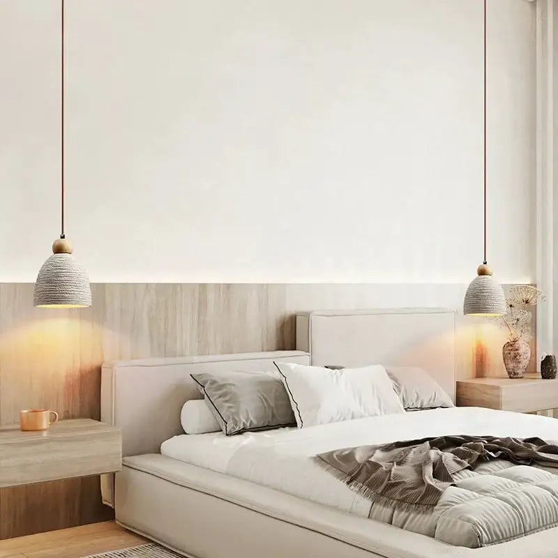 Minimalist petal ceramic pendant chandelier with two gray woven shades and wooden tops for bedroom decorbites concrete high pendant