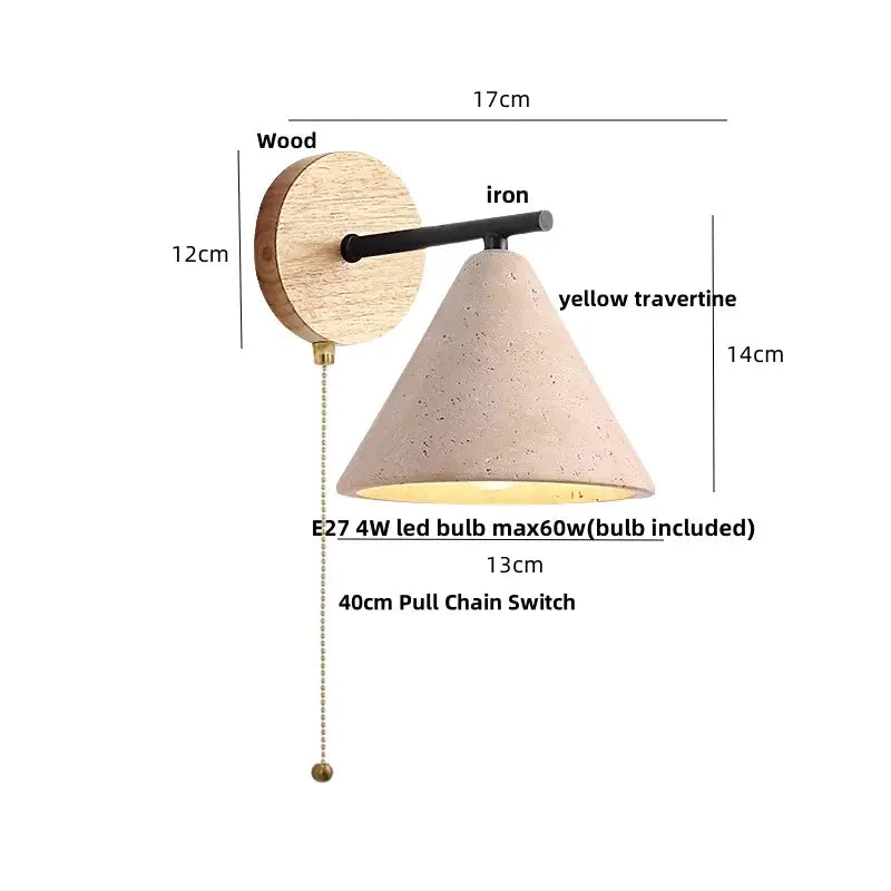A minimalist wall light with a circular wood backplate, black iron arm, and yellow travertine shade for bedroom decorbites iron yellow