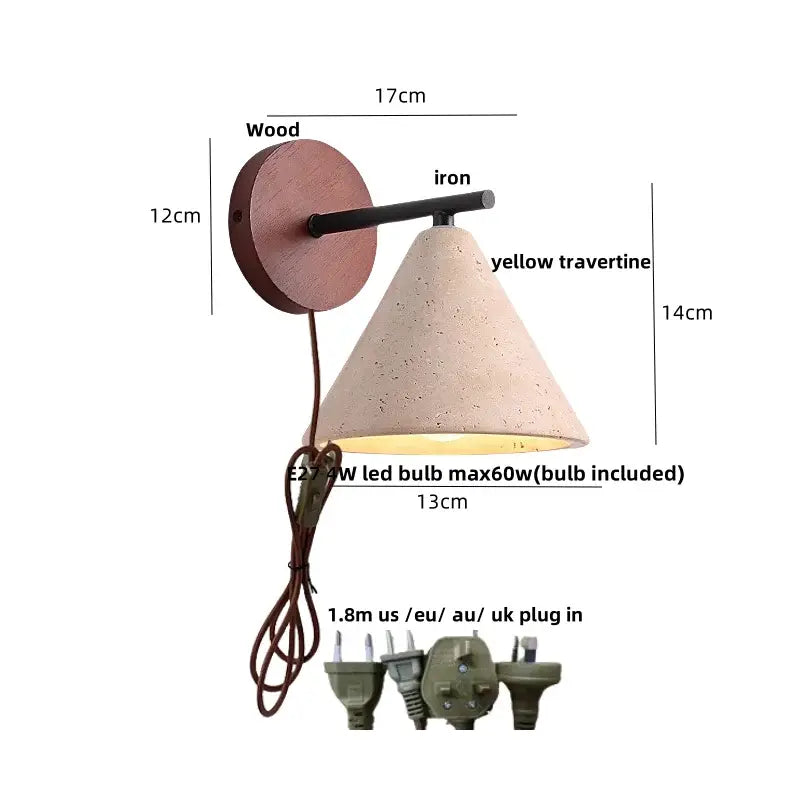 A rustic wall light with a circular wood backplate black iron arm and conical yellow travertine shade for bedroom decorbites iron yellow wall lights