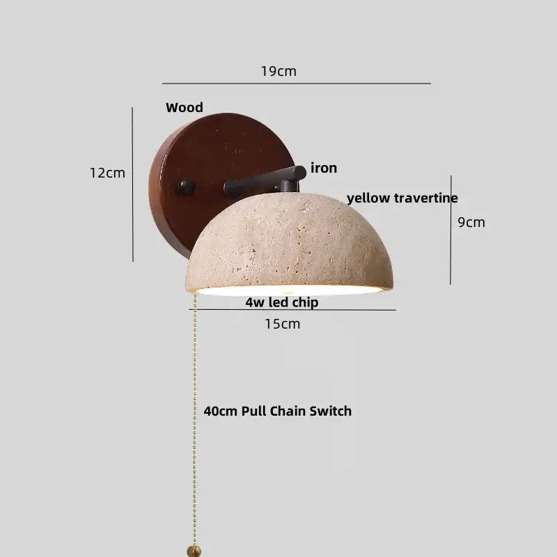 Rustic-style wall lights with dark wood backplate, black iron arm, and yellow travertine dome for bedroom decorbites iron yellow decor