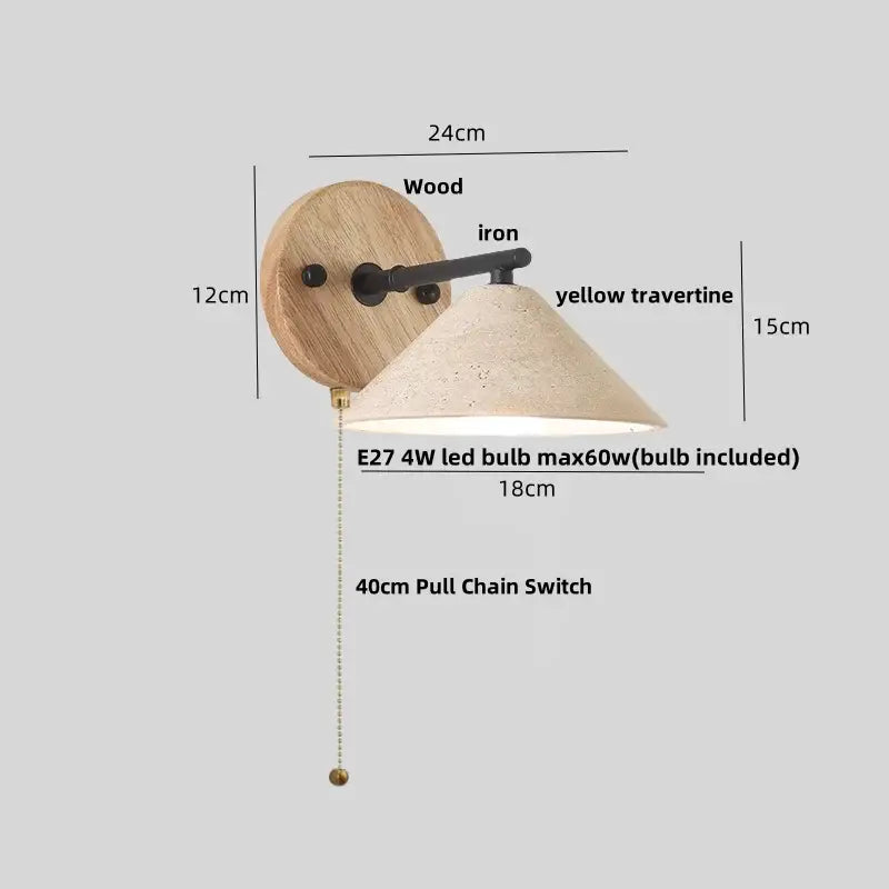 A rustic wall light with yellow travertine conical shade black iron arm and round wood backplate for bedroom decorbites iron yellow