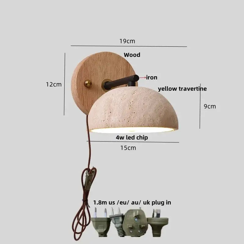 Minimalist pink concrete wall sconce with a wood backplate iron arm and yellow travertine dome shade decorbites iron yellow