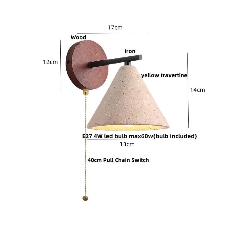 A minimalist pink concrete wall sconce with a rustic wood backplate black iron arm and yellow travertine shade decorbites iron yellow