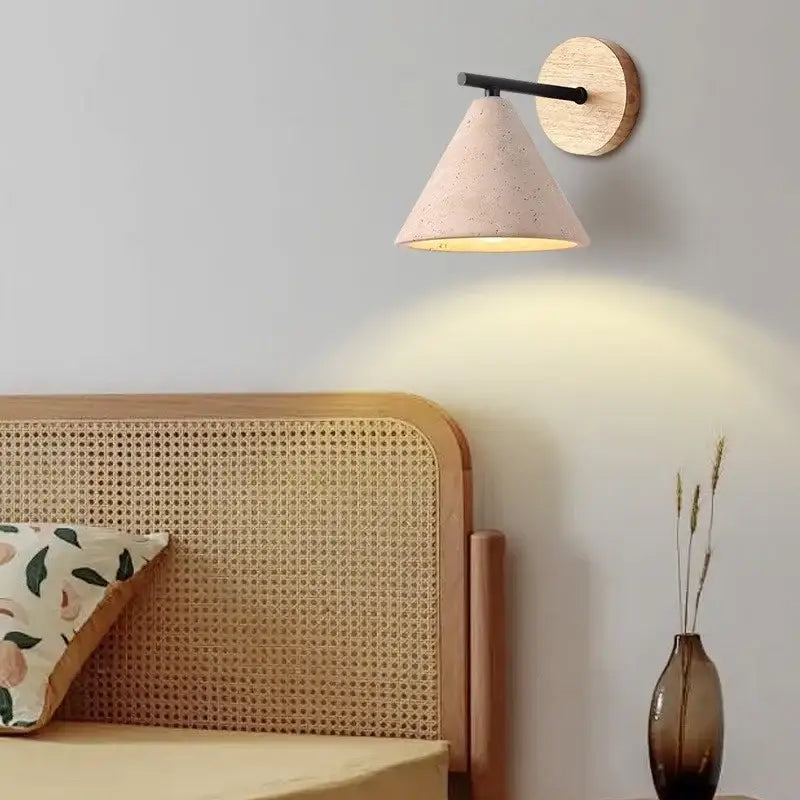 Minimalist pink concrete wall sconce with speckled cone shape black metal arm and wooden backplate for bedroom decorbites iron yellow