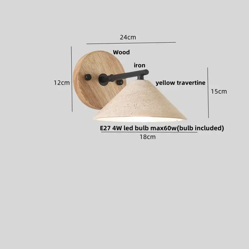 Minimalist pink concrete wall sconce with round wood backplate black iron arm and yellow travertine shade decorbites iron yellow