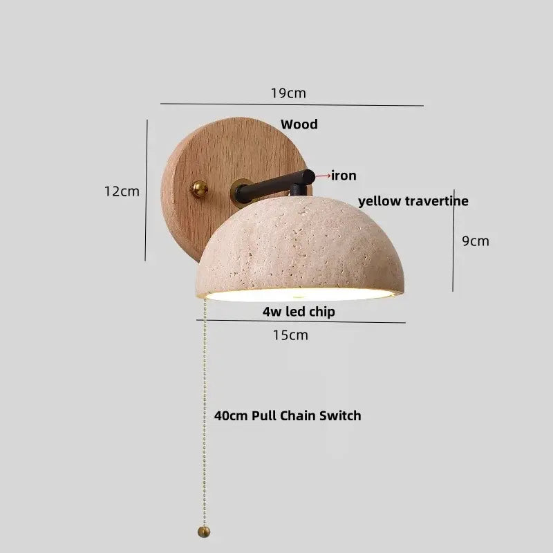 Minimalist pink concrete wall sconce with round wood backplate black iron arm and yellow travertine dome shade decorbites iron yellow
