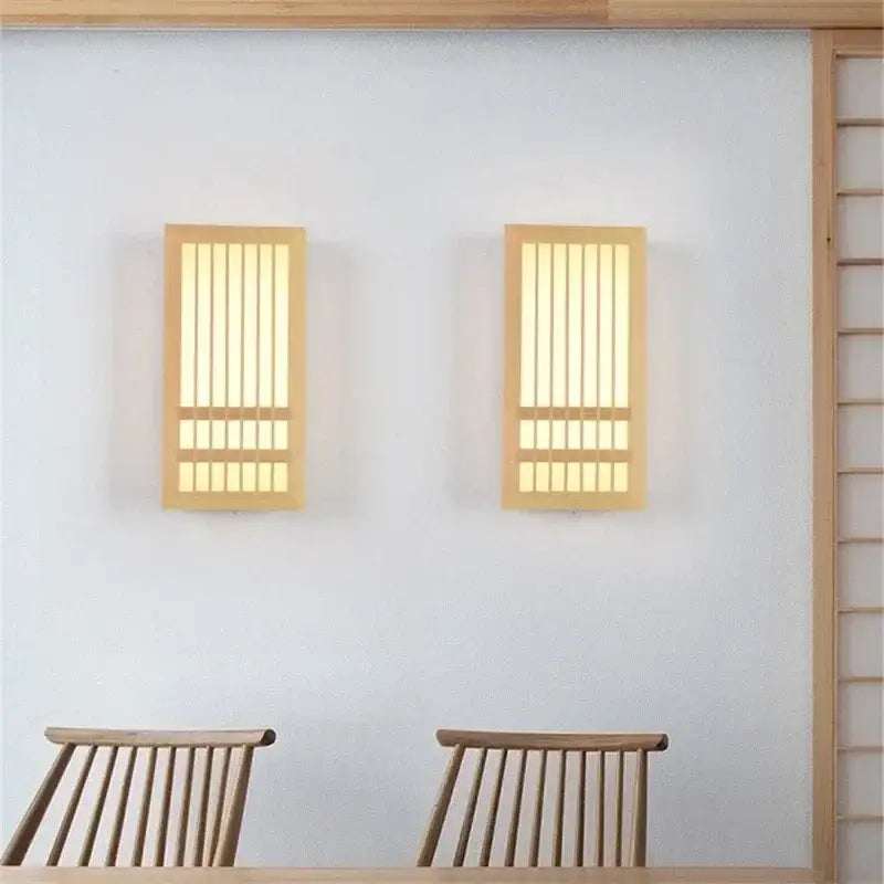 Pair of minimalist rectangular led wood wall lamps with vertical slats and warm diffused lighting for bedroom decorbites led wood