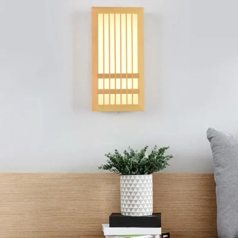 Minimalist rectangular led wood wall lamp with warm light and vertical slats in natural wood finish for bedroom decorbites led wood