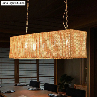 DecorBites™ Minimalist Rectangular Rattan Restaurant Hanging Lamp with 3 Heads - Wood Island Chandelier Light