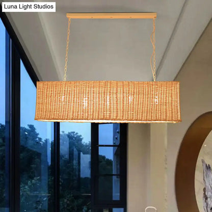 DecorBites™ Minimalist Rectangular Rattan Restaurant Hanging Lamp with 3 Heads - Wood Island Chandelier Light
