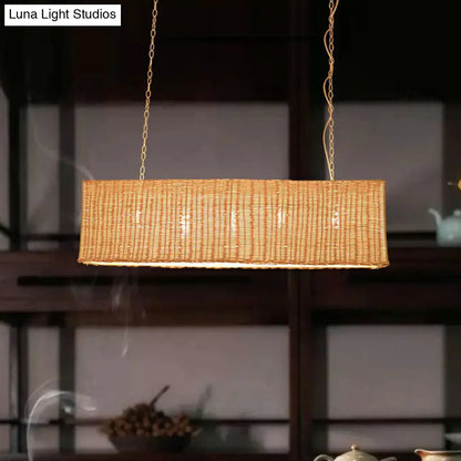 DecorBites™ Minimalist Rectangular Rattan Restaurant Hanging Lamp with 3 Heads - Wood Island Chandelier Light