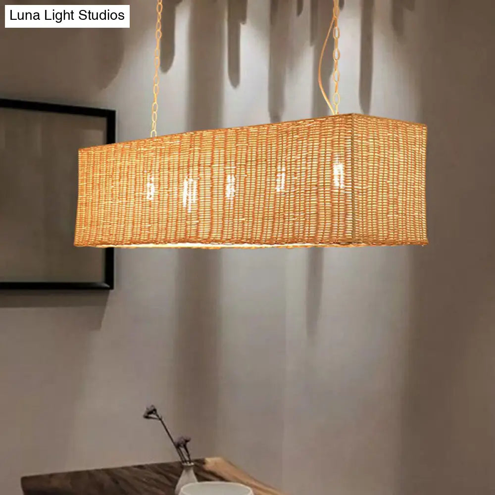 DecorBites™ Minimalist Rectangular Rattan Restaurant Hanging Lamp with 3 Heads - Wood Island Chandelier Light