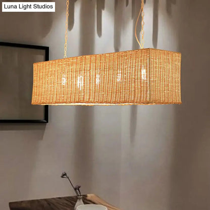 DecorBites™ Minimalist Rectangular Rattan Restaurant Hanging Lamp with 3 Heads - Wood Island Chandelier Light