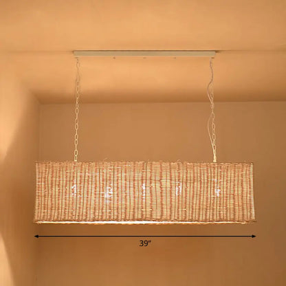 DecorBites™ Minimalist Rectangular Rattan Restaurant Hanging Lamp with 3 Heads - Wood Island Chandelier Light