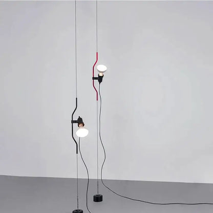 Minimalist red and black adjustable led chandelier with curved metal arms and white spherical bulbs for living room decorbites adjustable led