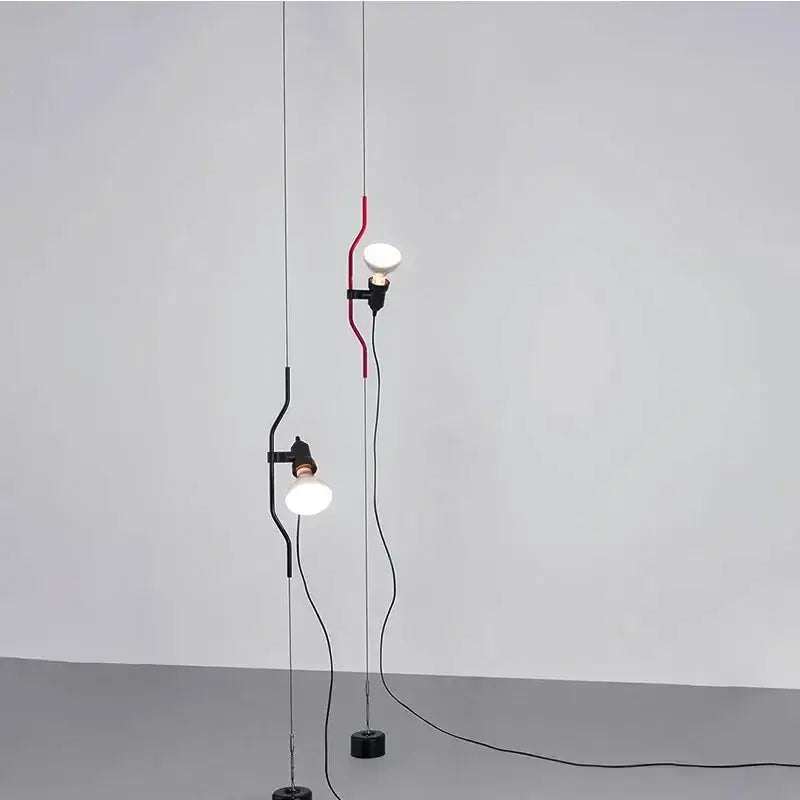 Minimalist red and black adjustable led chandelier with curved metal arms and white spherical bulbs for living room decorbites adjustable led