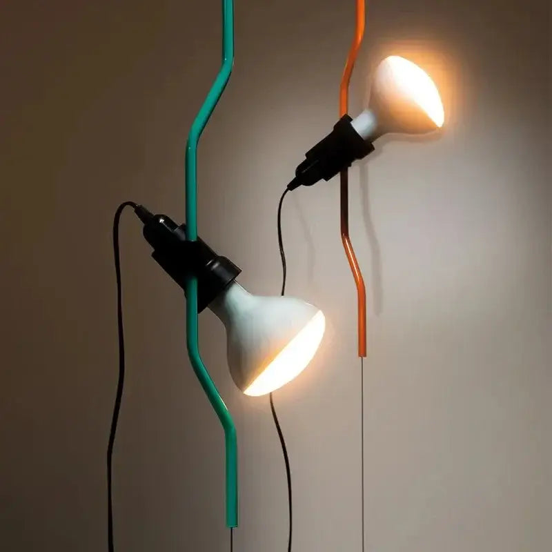 Minimalist decorbites adjustable led chandelier with white ceramic shades on teal and orange metal pipes for living room decor