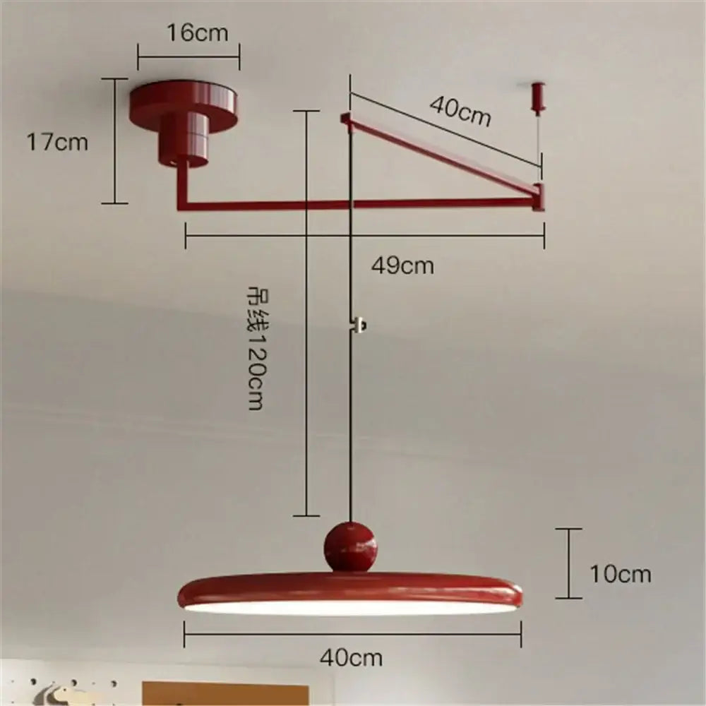 Minimalist red cream iron art pendant light with elongated oval shade and matching arm for bedroom decorbites pendant light
