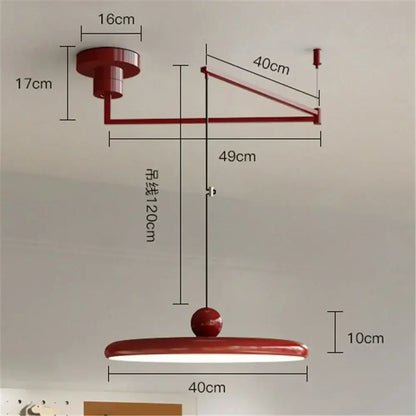 Minimalist red cream iron art pendant light with elongated oval shade and matching arm for bedroom decorbites pendant light