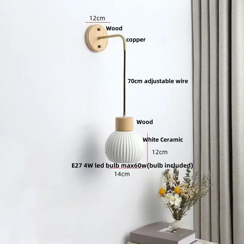 Minimalist ribbed ceramic led wall lamp with white globe copper wire and wood accents for bedroom decorbites ceramic led wall