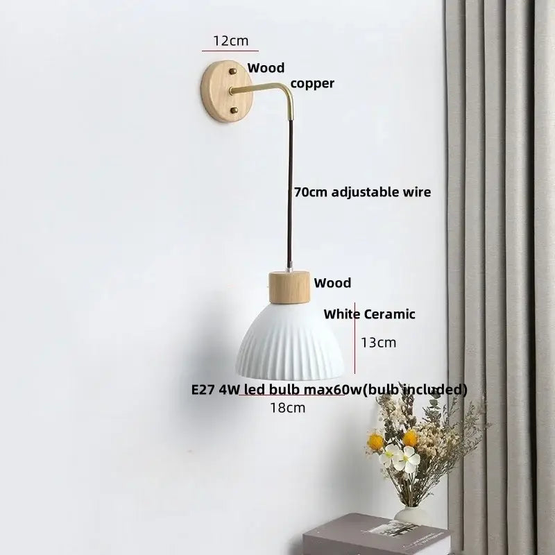 Minimalist ribbed ceramic led wall lamp with white fluted shade and wooden accents for bedroom decorbites ceramic led wall