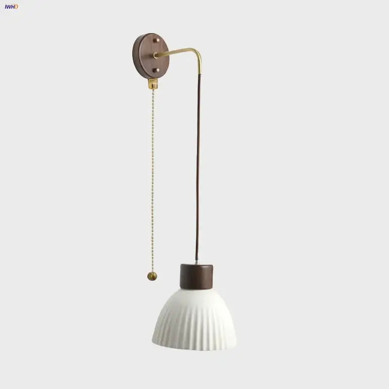 Minimalist ribbed ceramic led wall lamp with white shade dark brown wood accents and brass hardware for bedroom decorbites ceramic led