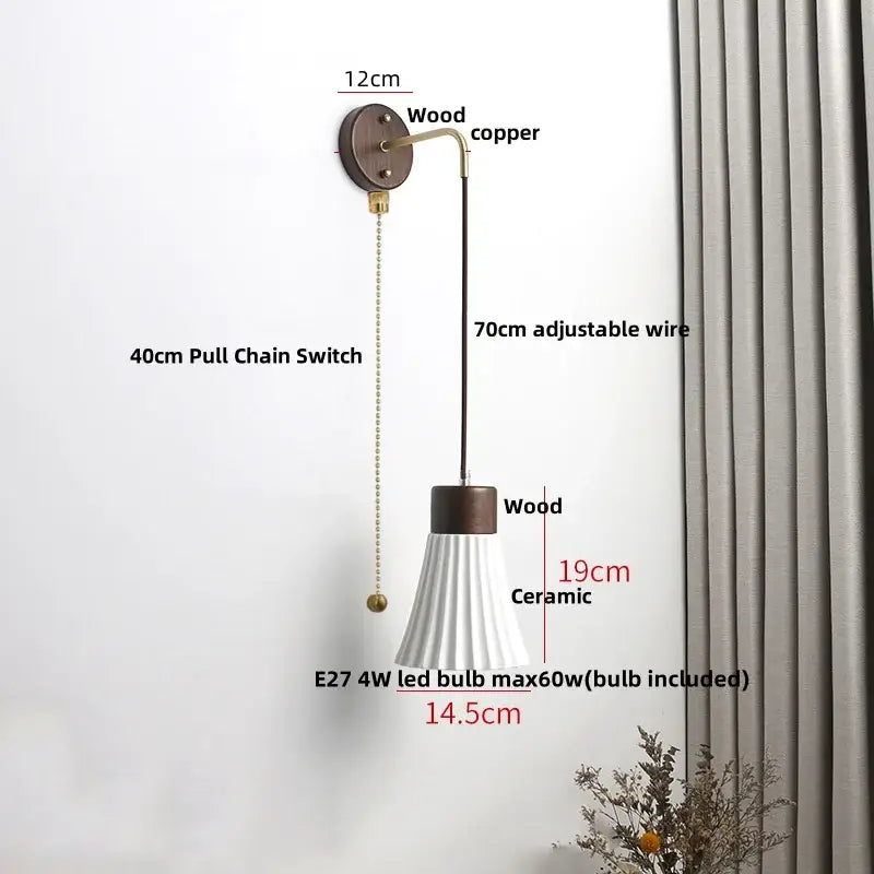 Minimalist ribbed ceramic led wall lamp with white fluted ceramic, dark wood accents, and adjustable copper wire decorbites ceramic led