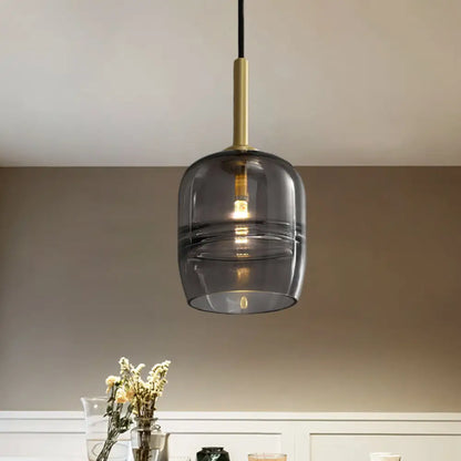 Minimalist Ruffle Pendant Light in Clear/Smoke Gray Glass - Bedside Hanging Lamp Fixture, Brass Finish