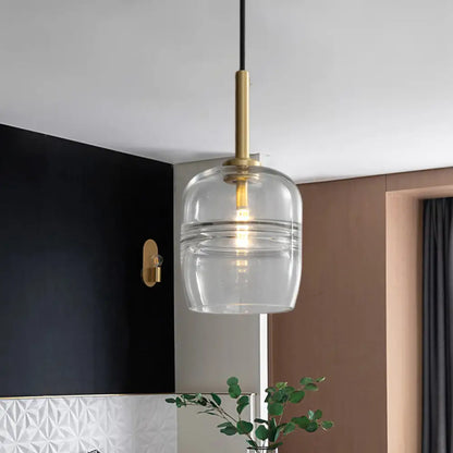 Minimalist Ruffle Pendant Light in Clear/Smoke Gray Glass - Bedside Hanging Lamp Fixture, Brass Finish