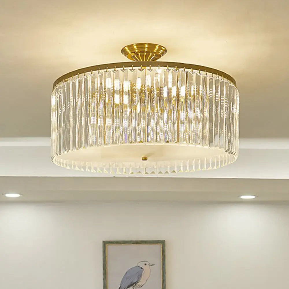 DecorBites™ DecorBites™ Minimalist Semi Flush Mount Ceiling Light with Clear Crystal Drum Shade - Bedroom Close to Ceiling