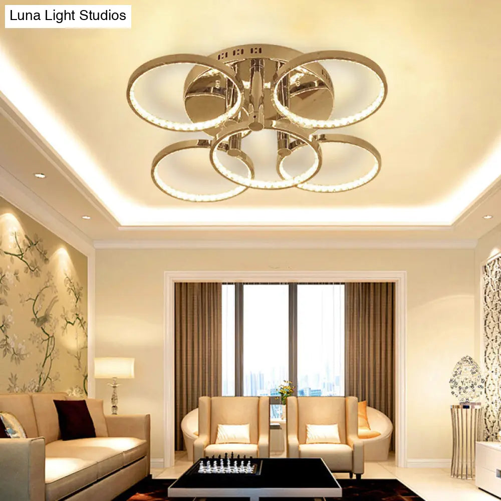DecorBites™ DecorBites™ Minimalist Silver Circle Crystal LED Semi Flush Mount Light for Living Room - Warm/White Glow