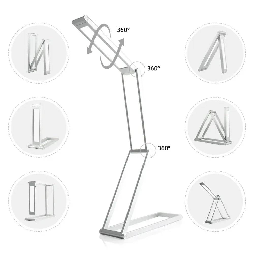 Minimalist silver metallic dimmable led desk lamp with 360-degree rotation for flexible positioning by decorbites dimmable led