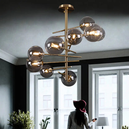 DecorBites™ DecorBites™ Minimalist Smoke Gray Glass Semi Flush Mount Light with Brass Accents - 6/9 Light Globe Shaped Fixture