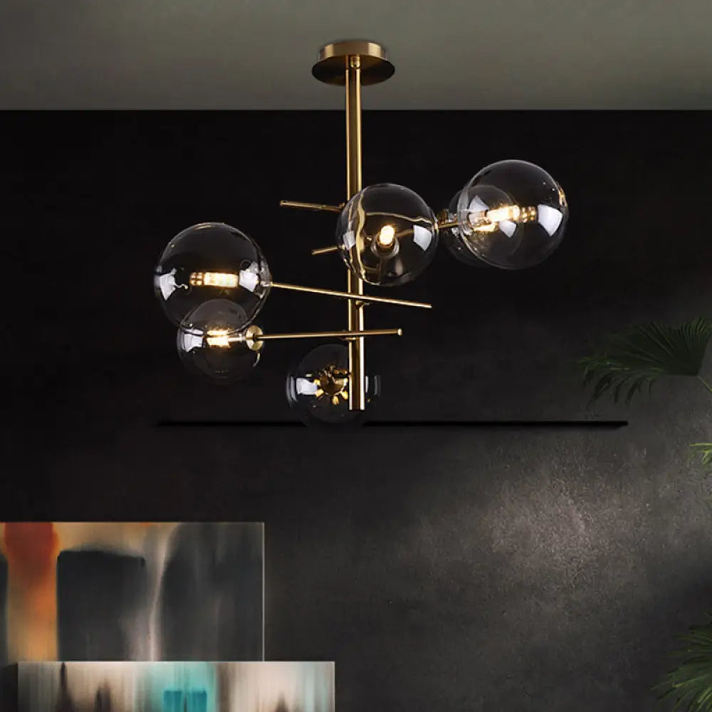 DecorBites™ DecorBites™ Minimalist Smoke Gray Glass Semi Flush Mount Light with Brass Accents - 6/9 Light Globe Shaped Fixture