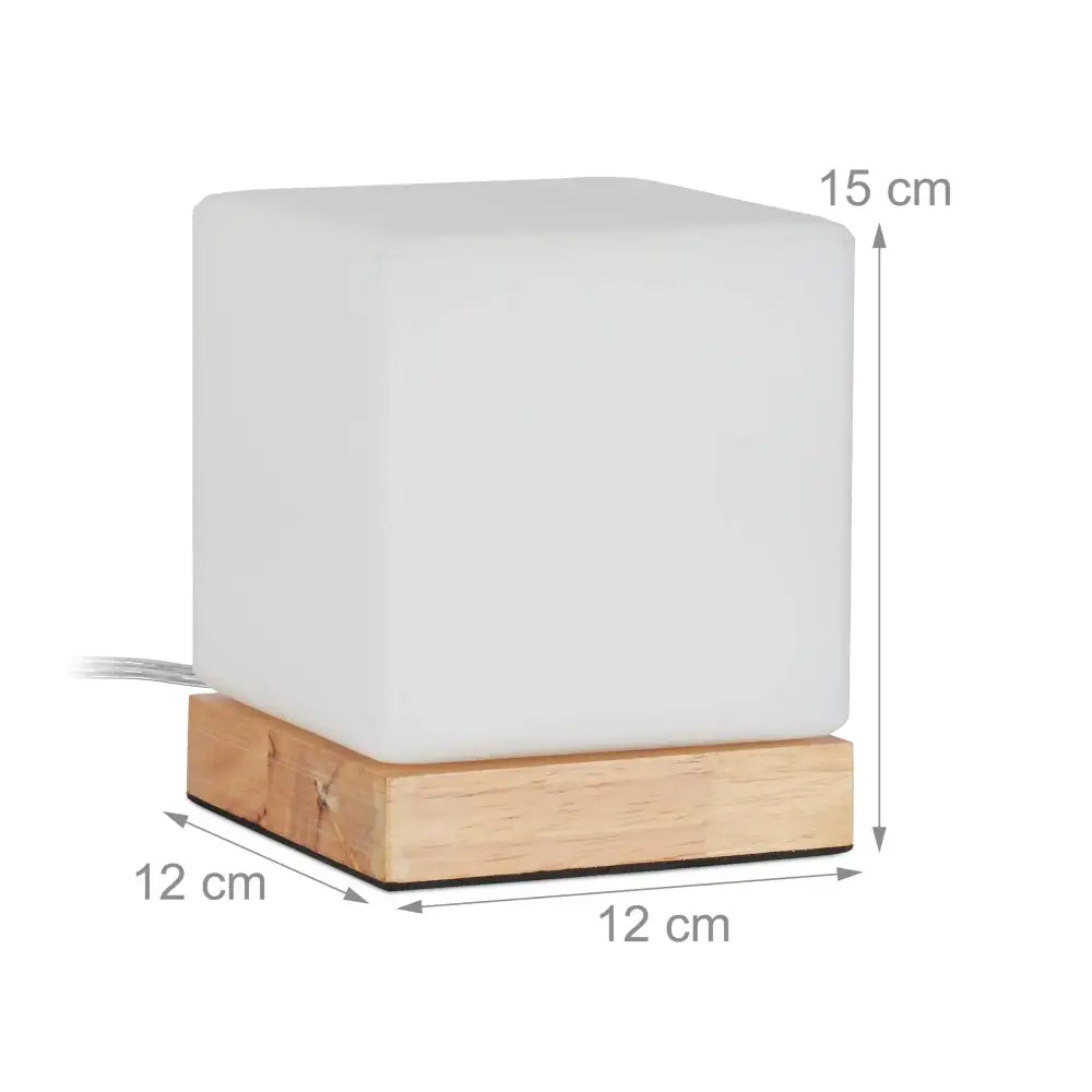 Minimalist white frosted cube glass ball table lamp with natural wood base for decorbites glass ball bedroom light