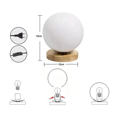 Minimalist white matte spherical glass ball table lamp with wooden base for bedroom decorbites glass ball table lighting