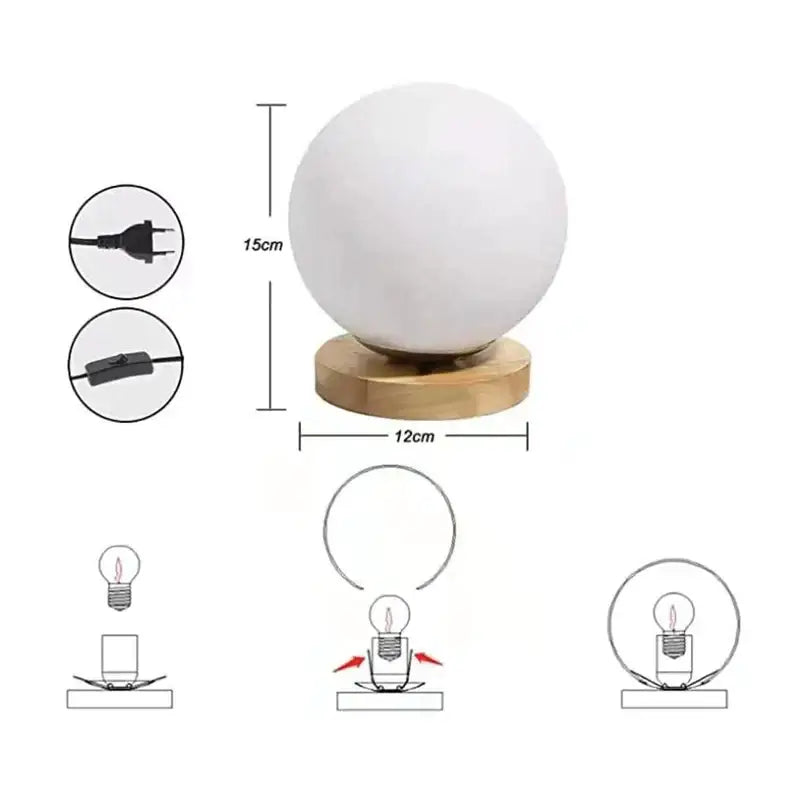 Minimalist white matte spherical glass ball table lamp with wooden base for bedroom decorbites glass ball table lighting