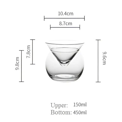Clear glass cocktail shaker with conical upper section and rounded base for minimalist 150ml stemless martini chiller use